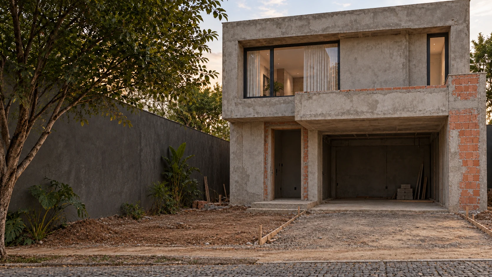 Imagem conceitual: fachada de casa de dois pavimentos antes dos acabamentos