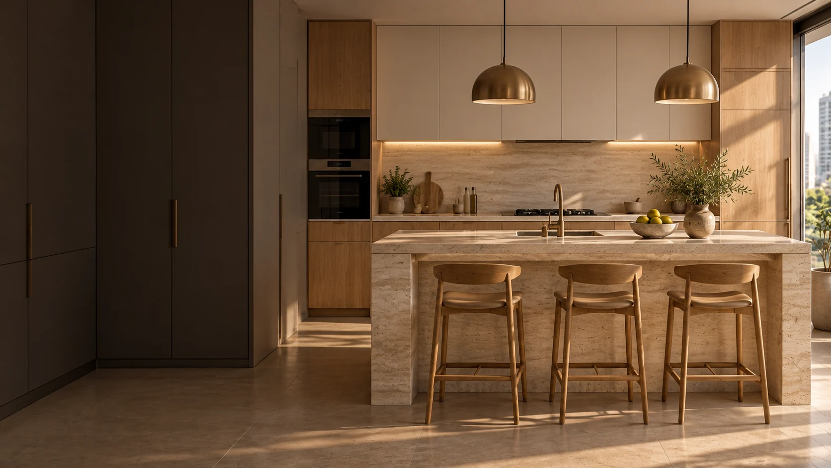 Imagem conceitual de cozinha contemporânea com madeira e pedra clara